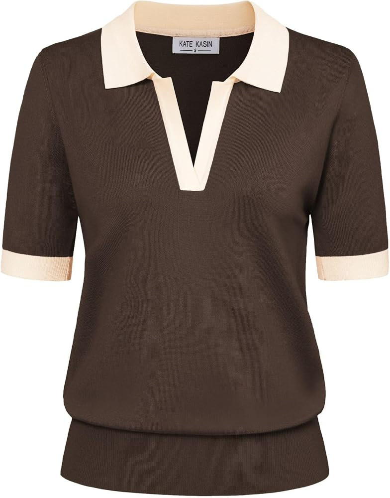 Kate Kasin Women Short Sleeve Polo Sweater Tops Lightweight Summer V Neck Color Block Soft Knit P... | Amazon (US)