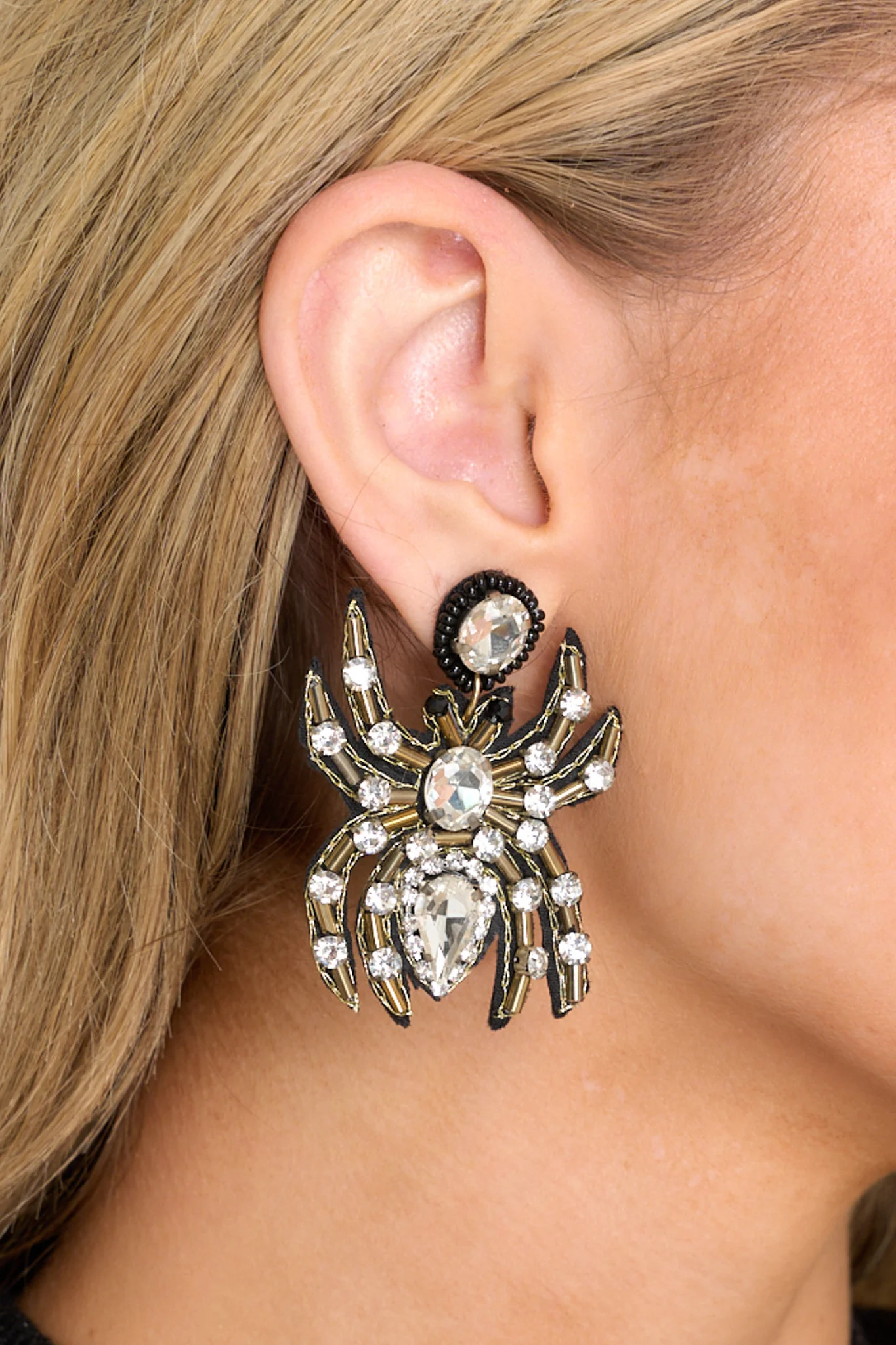 Bedazzled Spider Black Rhinestone Earrings | Red Dress 