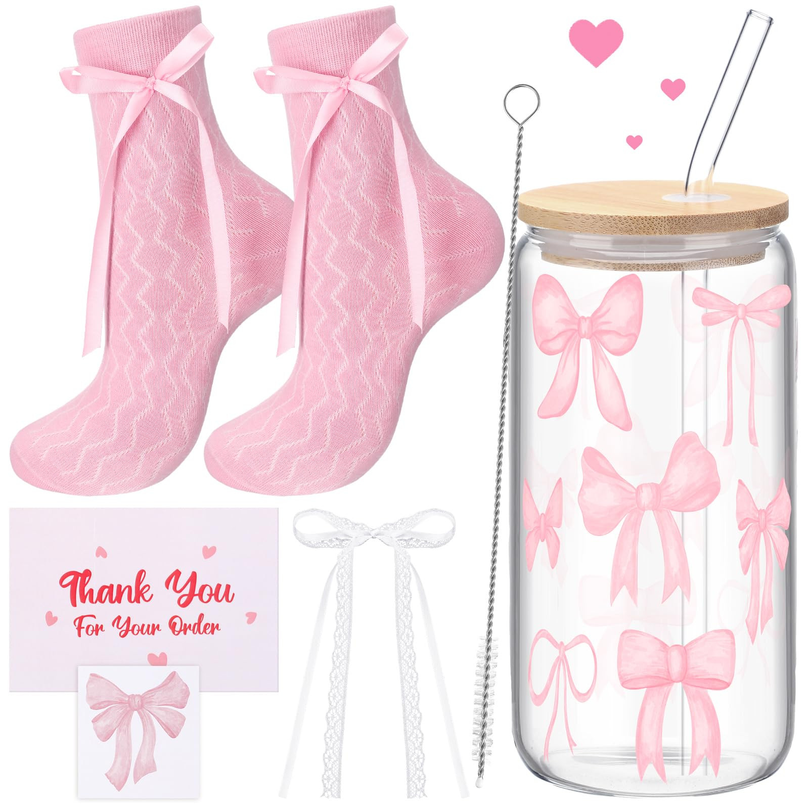 6 Pcs Valentine's Day Glass Cup Coquette Bow Aesthetic Glass Cup 16 oz Glass Cups with Lids and S... | Amazon (US)