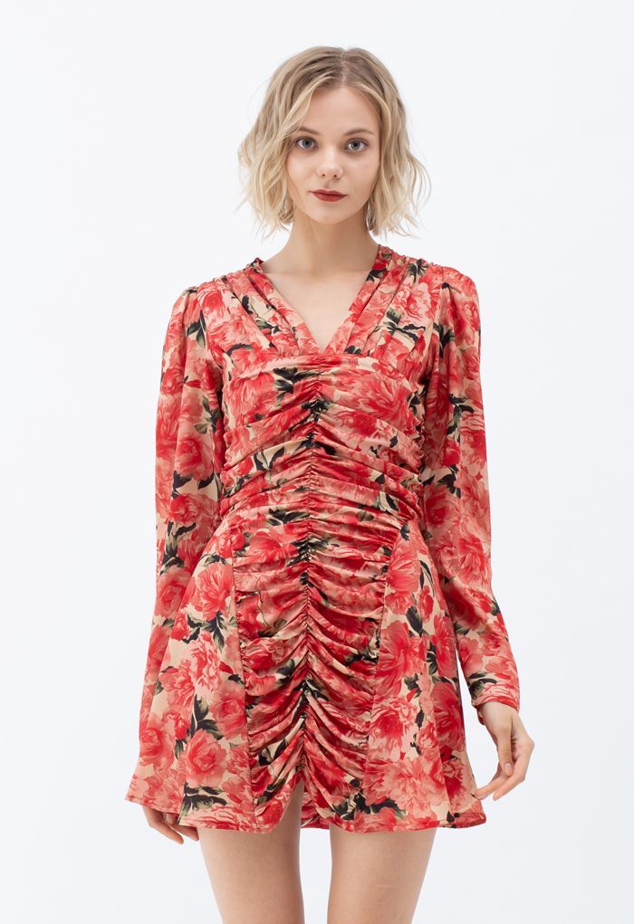 Ruched Red Floral V-Neck Mini Dress | Chicwish