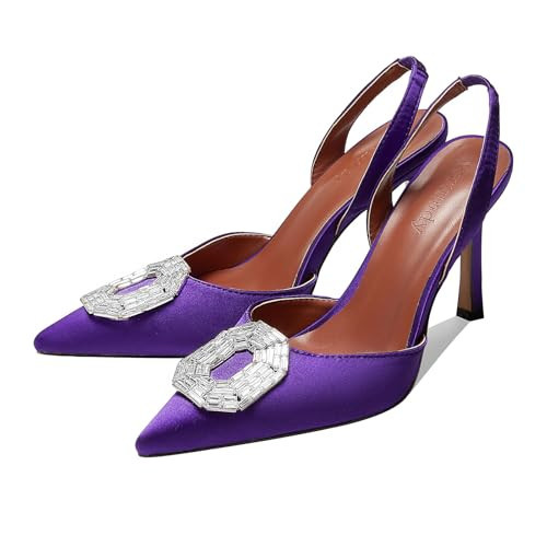 Vertundy Women's Purple Slingback Heels Rhinestone Pumps Pointed Toe Satin Crystal Stiletto High Heeled Sandals Party Wedding Bride Pump Dress Shoes | Amazon (US)