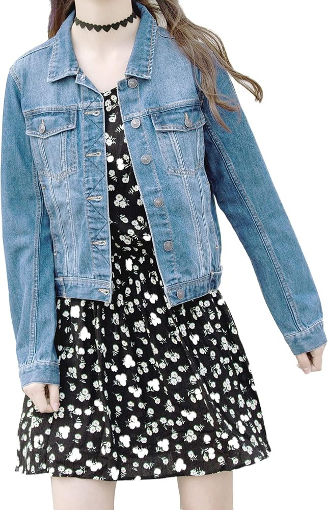 Jean Jacket Women Distressed Long Sleeve Denim Jacket Button Casual Cropped Coat | Amazon (US)