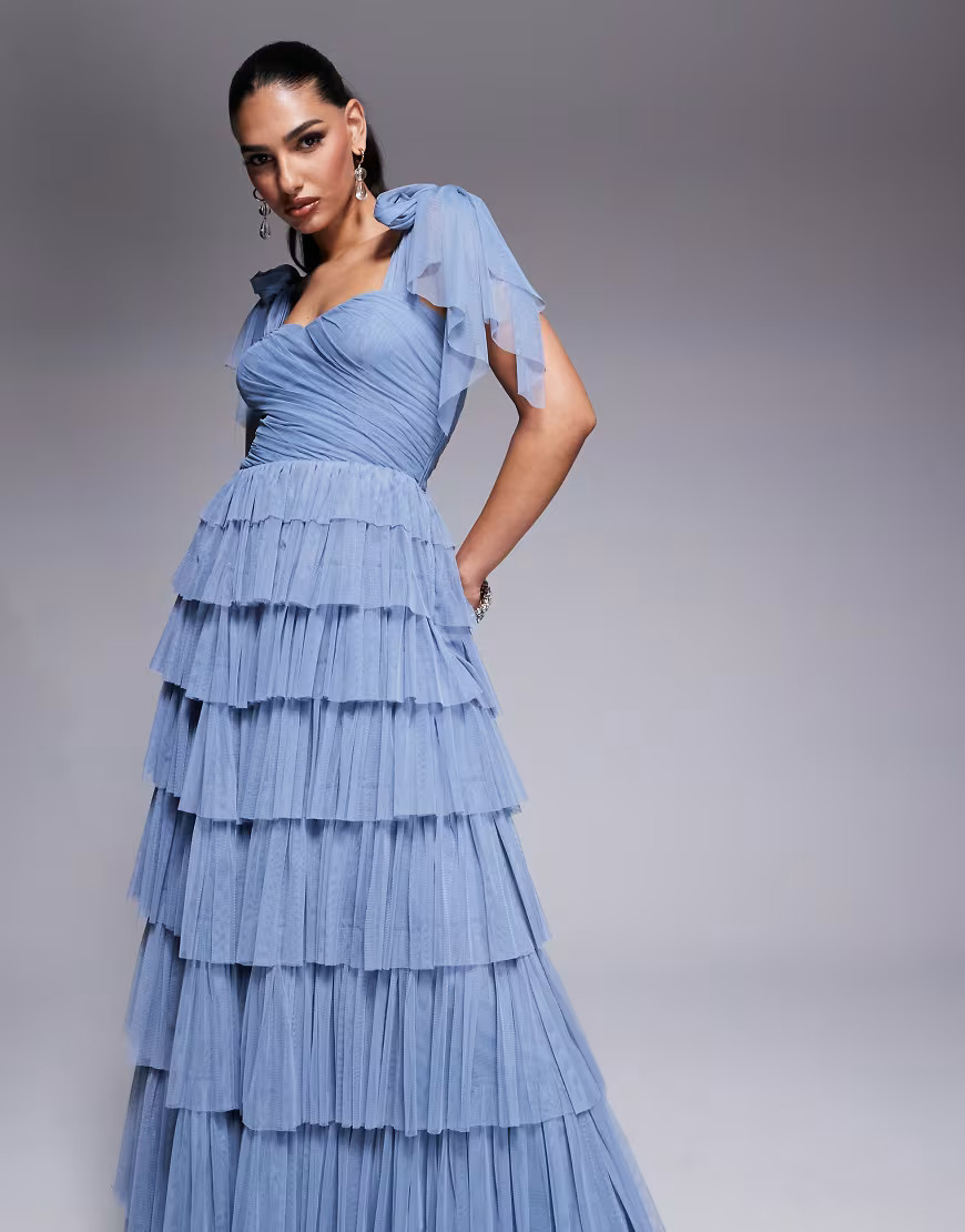 Lace & Beads bow shoulder tiered tulle maxi dress in dusty blue | ASOS (Global)