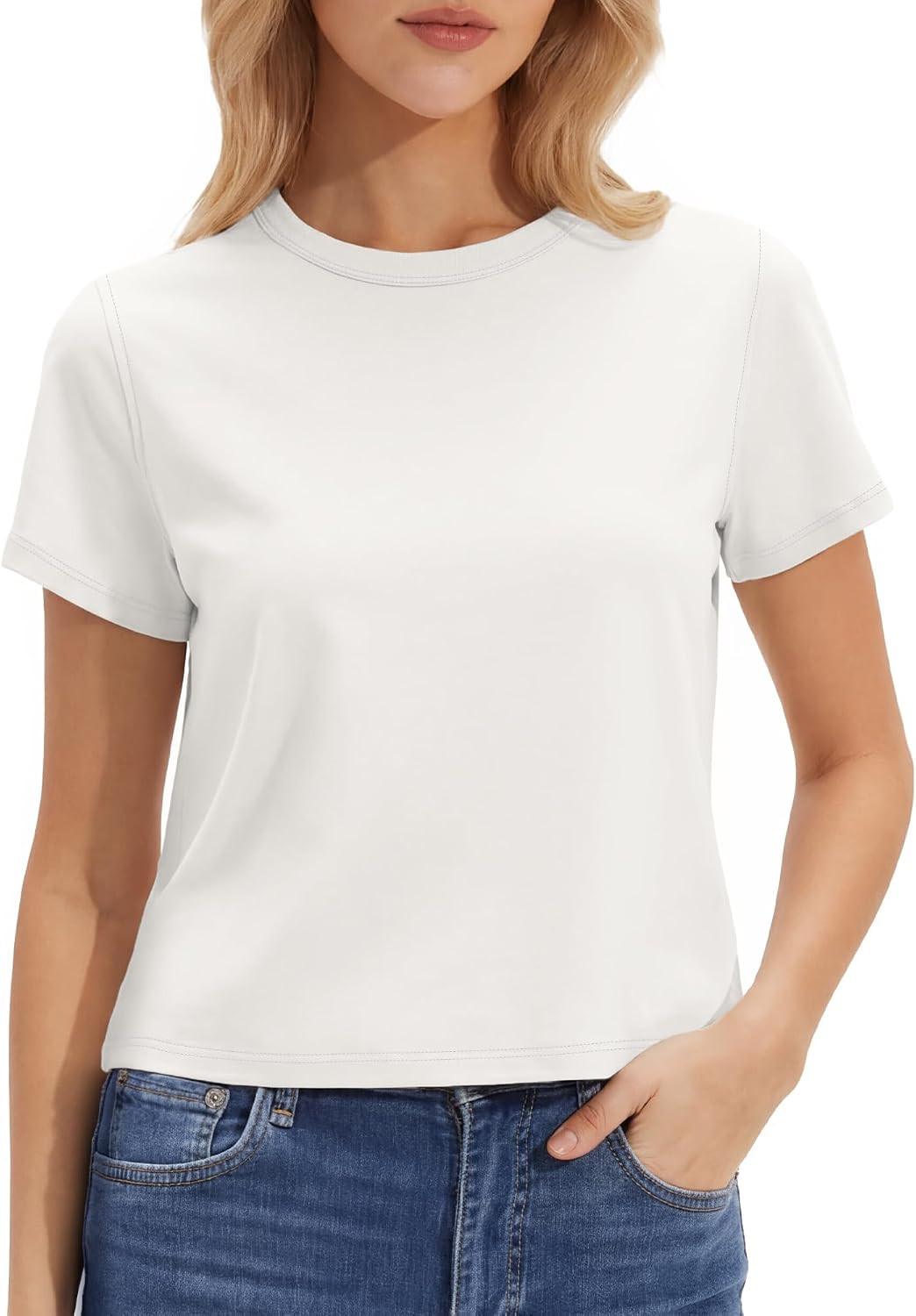 Stelle Women Cotton Blend Tshirts Shirts Boxy Cropped T- Shirts Basic Tees | Amazon (US)