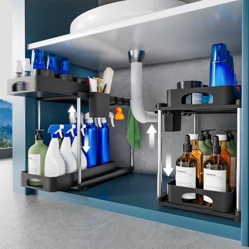 VERIFOST 2 Pack Under Sink Organizer, 2 Tier Under Sink Organizers and Storage for Kitchen Bathroom, Height Adjustable Cabinet Organizer with Two Slide-Out Drawers,Black | Amazon (US)