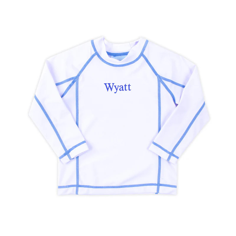 Santorini White With Light Blue Trim Rash Guard | Classic Whimsy