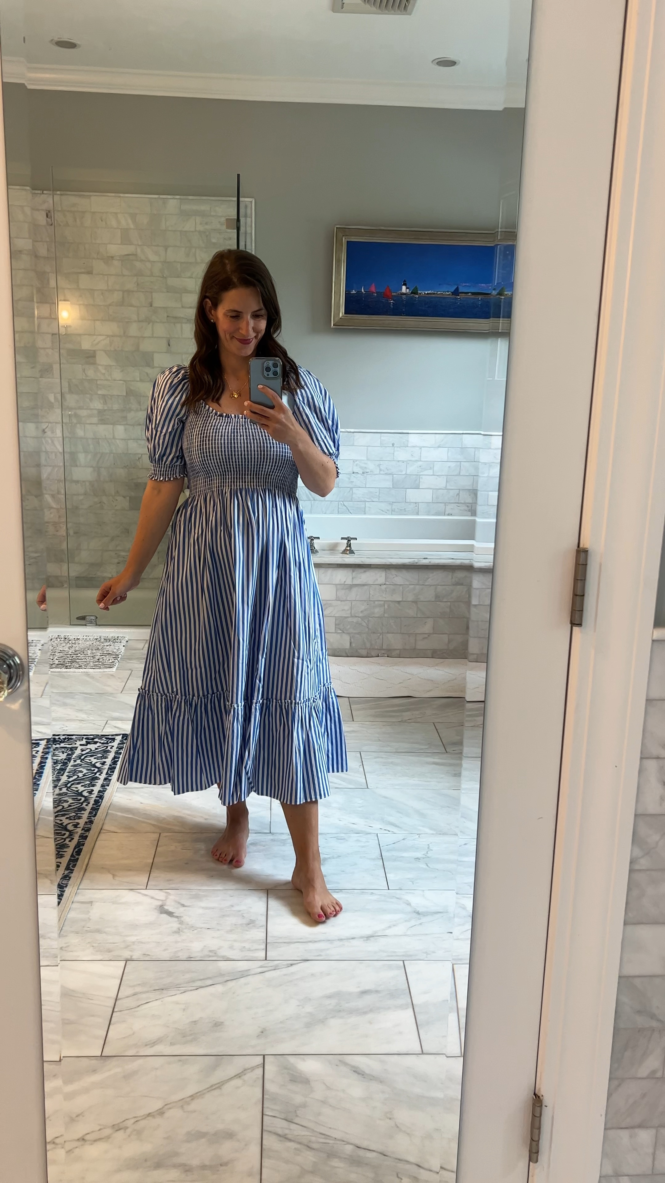 Hill House Louisa in Blue Stripe- wearing my regular size! Love this for summer! 