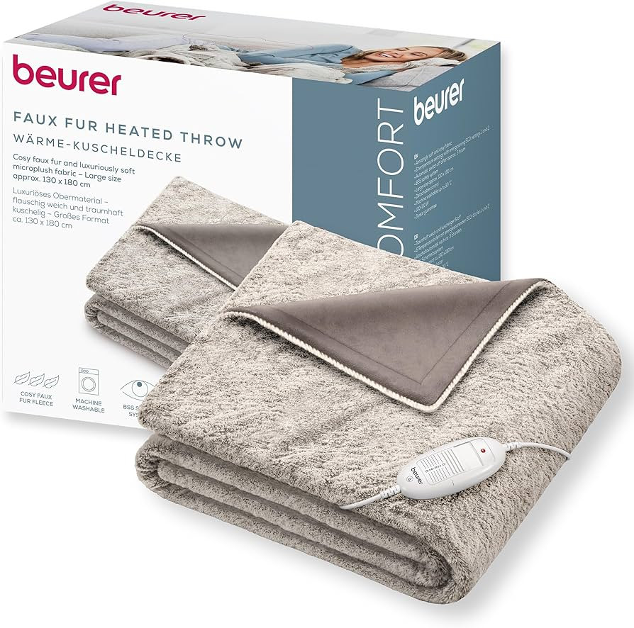 Beurer HD 75 Nordic electric blanket,cosy heated blanket in faux fur look, with 6 temperature set... | Amazon (UK)