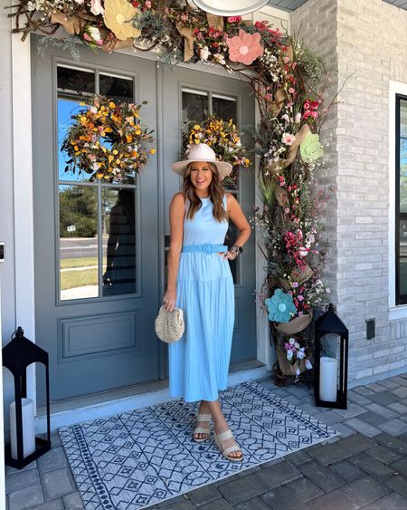 In a small drawstring waist midi, blue woven belt, hat, bag, wedges and accessories for spring - all fits TTS.

#LTKfindsunder50 #LTKstyletip #LTKSeasonal
