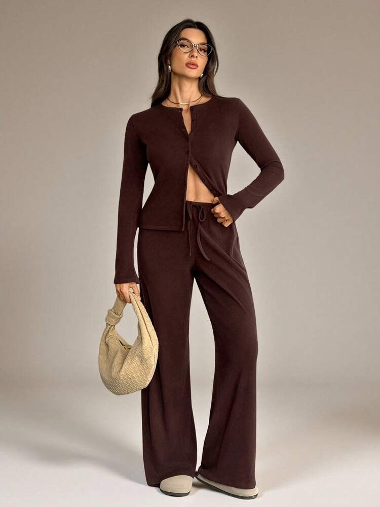 SHEIN Tall Ribbed Cardigan And Wide Leg Pants Co Ord Set For Women Casual Lounge Wear Autumn Winter Outfit Two Piece Pant Set Tall Two Piece Set Brown Two Piece Set Long Sleeve Two Piece Set Baithingsuit Brown Pant Set | SHEIN
