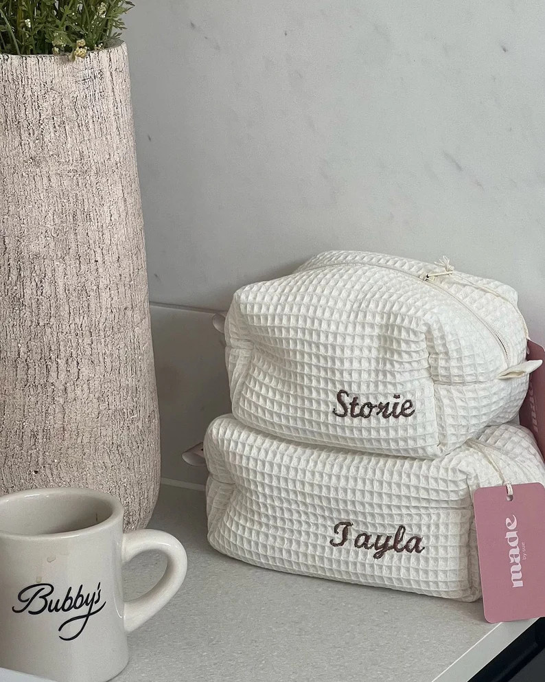 Personalised cosmetic/makeup bag in waffle fabric, skincare bag, bridal gift, bridesmaid bags, ma... | Etsy (US)