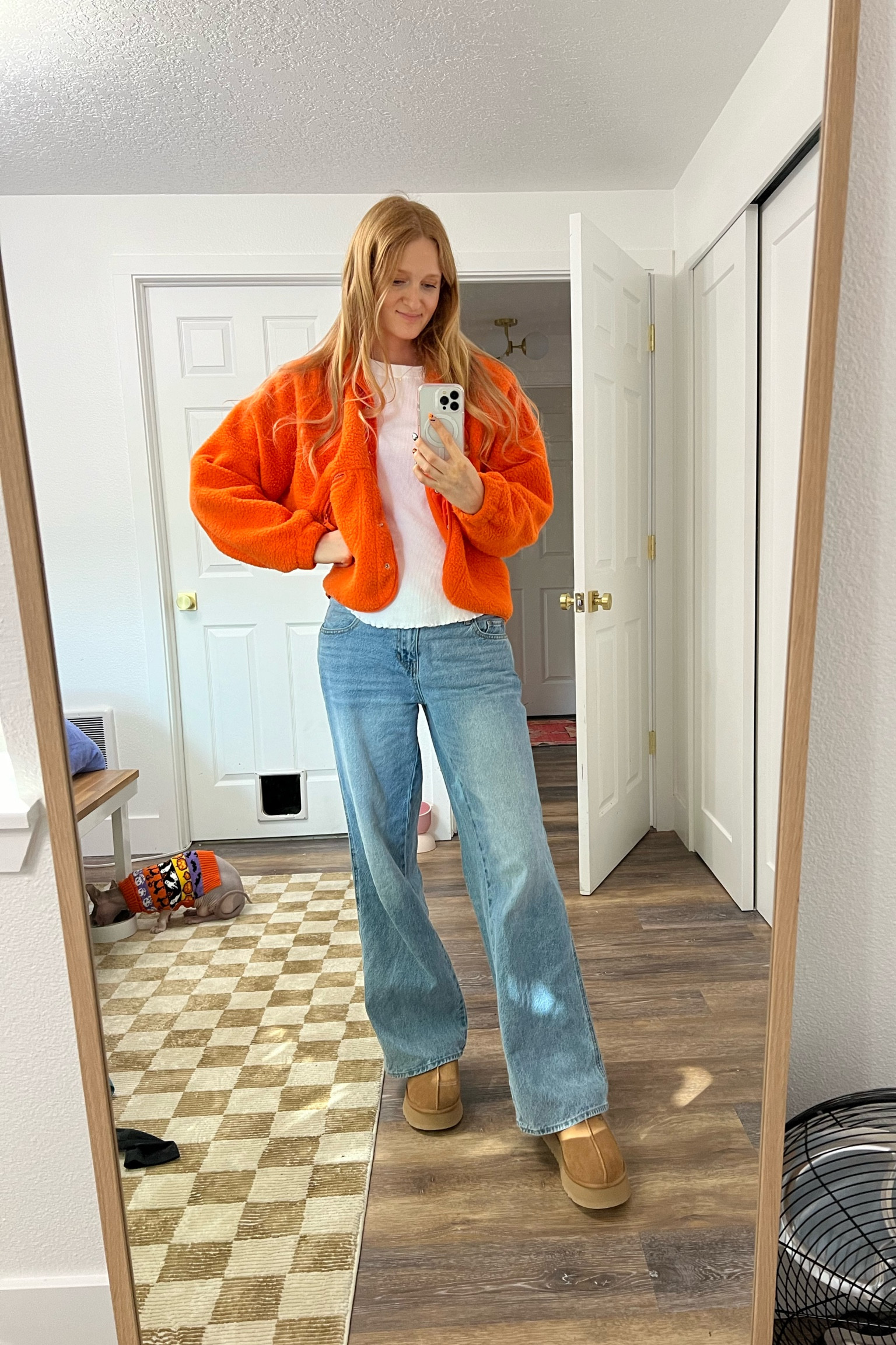 Fun colorful fall October cozy casual outfit

Jacket is Free People Dupe from Amazon size M
Jeans are Abercrombie size 27
Ugg platform Tazz