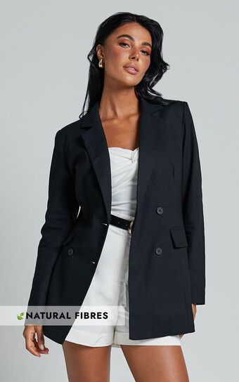 Celinee Blazer - Linen Look Double Breasted Long Sleeve Blazer in Black | Showpo (US, UK & Europe)