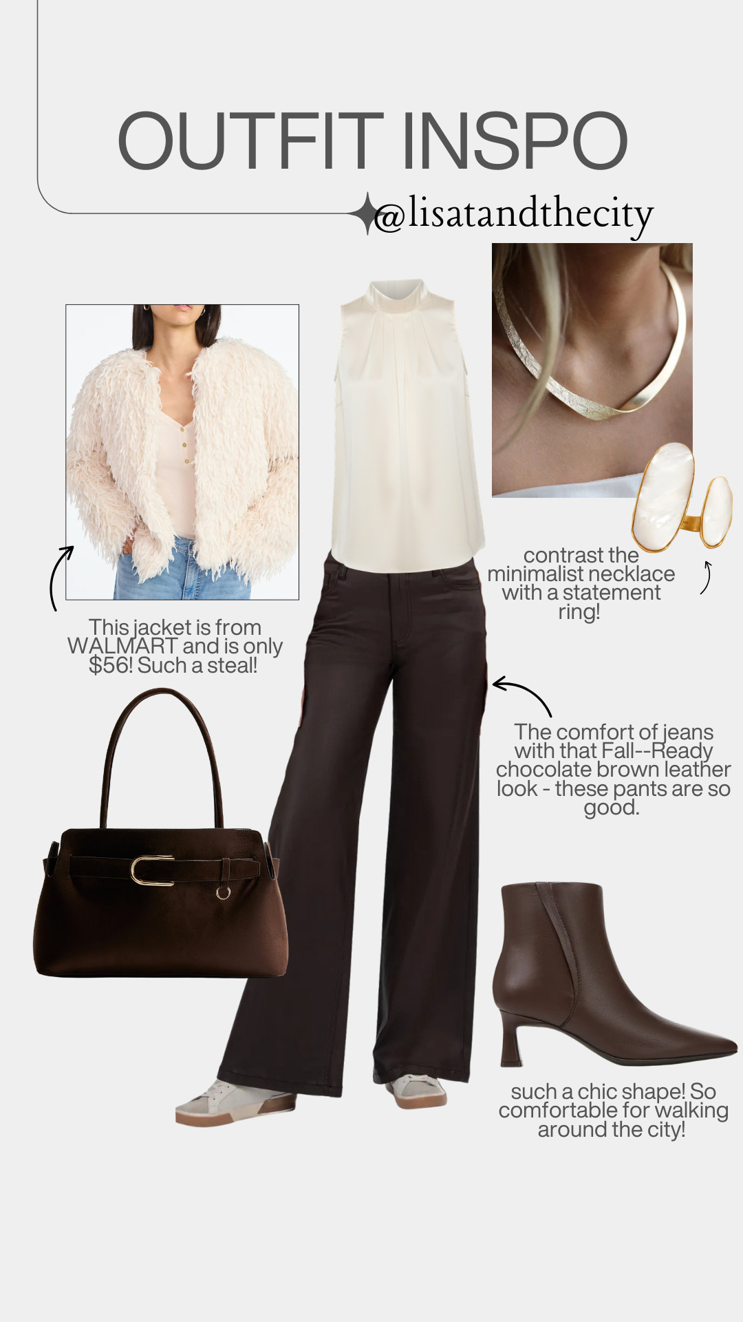 This neutral fall outfit is giving city-girl elegance with a touch of cozy glam — and you won’t believe this stunning faux fur jacket is from Walmart for only $56! Perfectly paired with chocolate brown faux-leather pants, gold jewelry, and classic ankle boots — a look that’s comfortable, elevated, and so wearable.


#ltkfashion #ltkwomenstyle #ltkfalloutfit #ltkaffordablefashion #ltkwalmartfinds #ltktrendingnow #ltkstyleinspo #ltkwomenover40 #ltkneutralstyle #ltkcapsulewardrobe 

 

#LTKOver40 #LTKSaleAlert #LTKStyleTip