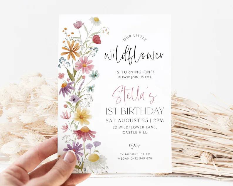 Wildflower Birthday Invitation, 1st Birthday Invitation Girl, Girls Birthday Flower Invitation, 1... | Etsy (US)