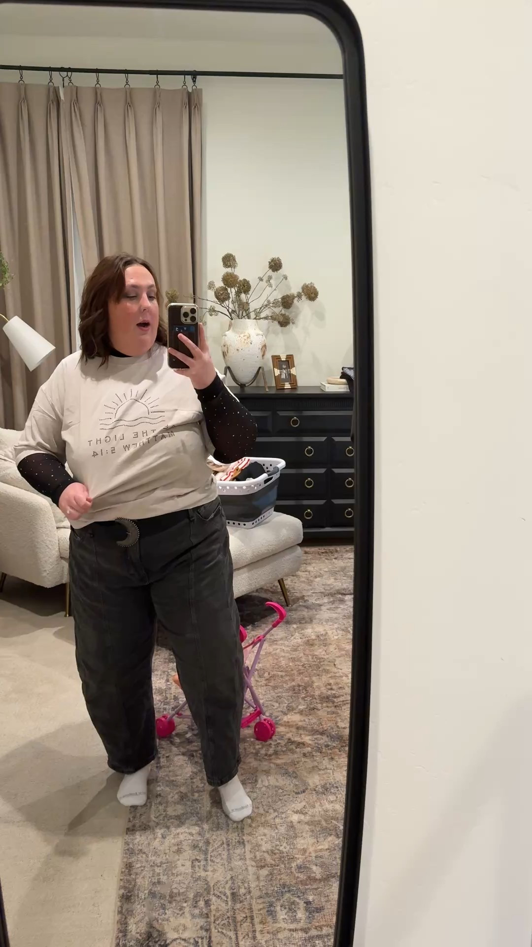 Easy everyday outfit that still feels put together 🤎
Layered tee moment + relaxed denim + a statement belt = my current uniform. 

Wearing a size XL in shirts and 18 in jeans! 

#LTKPlusSize