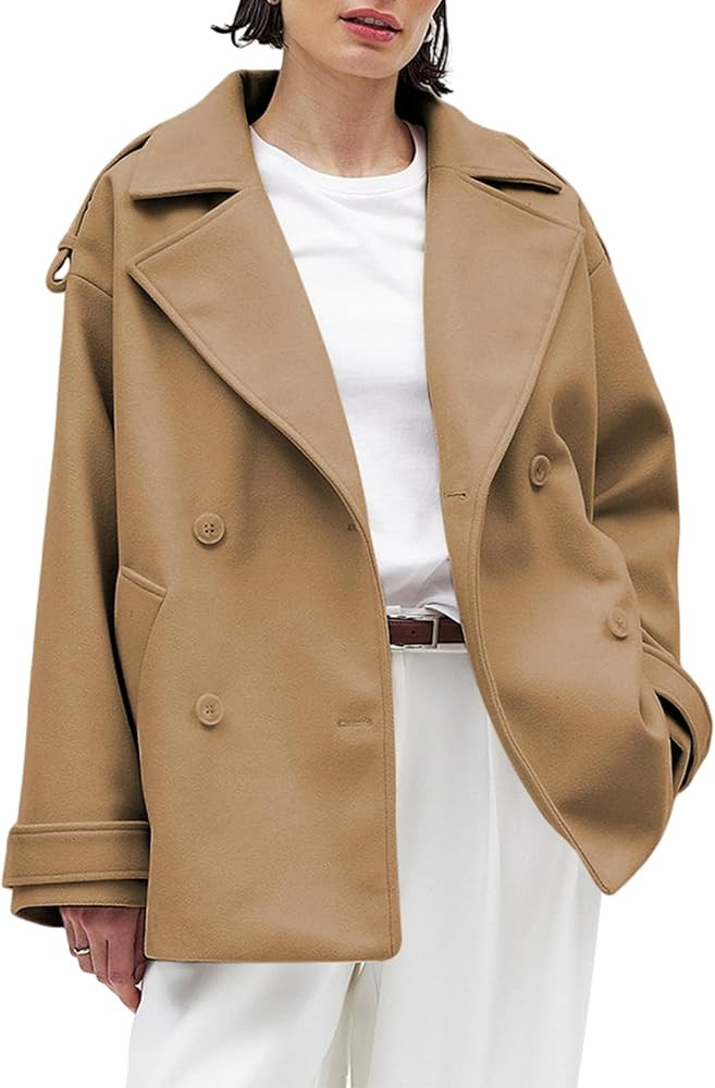 Women's Winter Crop Pea Coat Wool Blend Double Breasted Notch Lapel Oversized Short Jacket | Amazon (US)