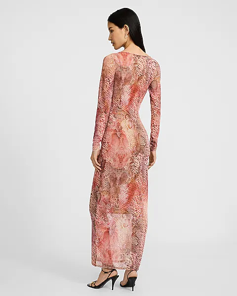 Printed Mesh Boat Neck Long Sleeve Maxi Dress | Express