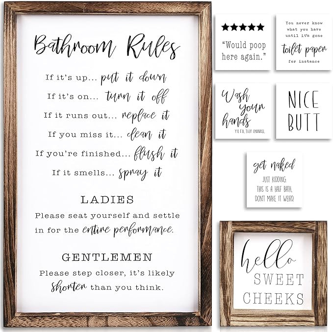 Farmhouse Bathroom Wall Decor Set of 2 - Funny Bathroom Signs with Rules and 8 Interchangeable Sa... | Amazon (US)