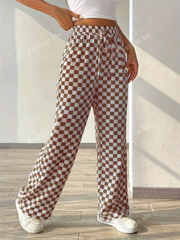 Plaid Print Casual Wide Leg Pants With Belt, Versatile And Loose Fitting | SHEIN