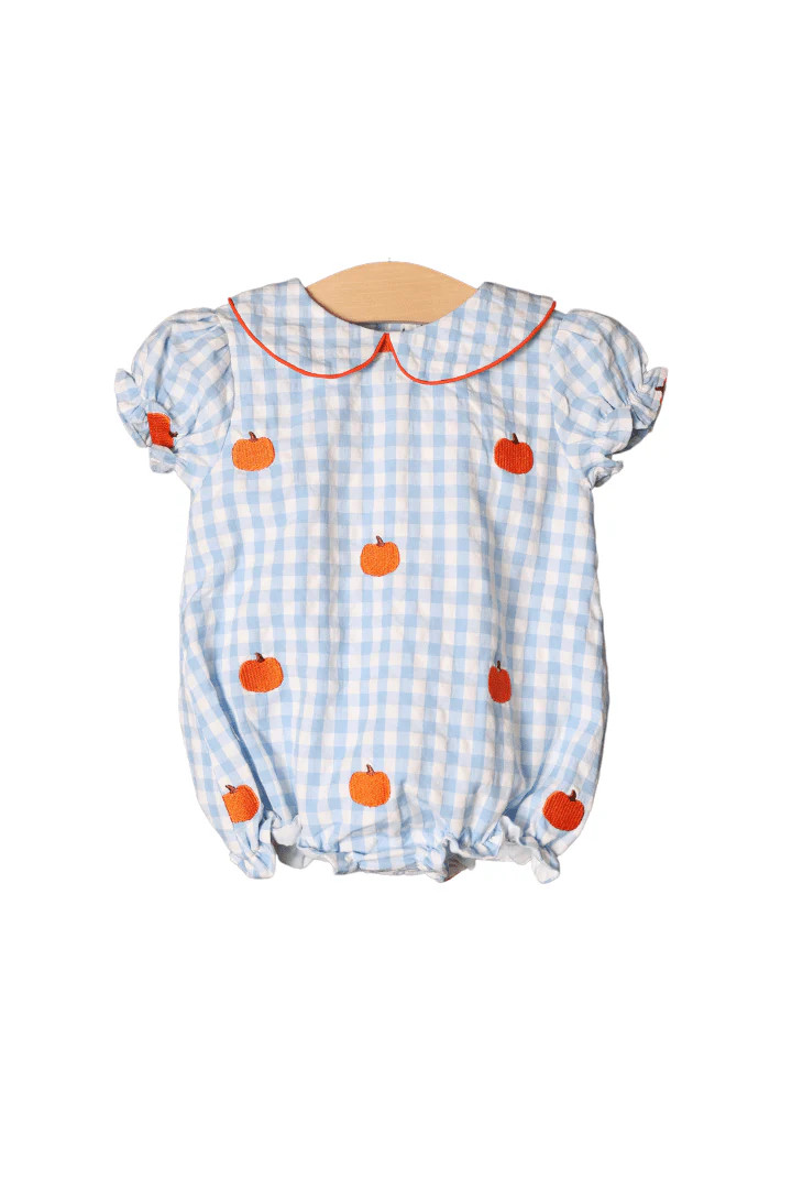 Embroidered Pumpkin Blue Gingham Seersucker Bubble-GIRL | The Smocked Flamingo