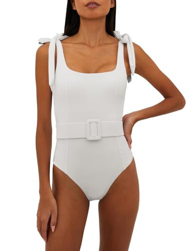 Saodimallsu Womens Sexy One Piece Bathing Suit High Cut Knit Square Neck Tied Strappy Swimsuit with Belt White | Amazon (US)