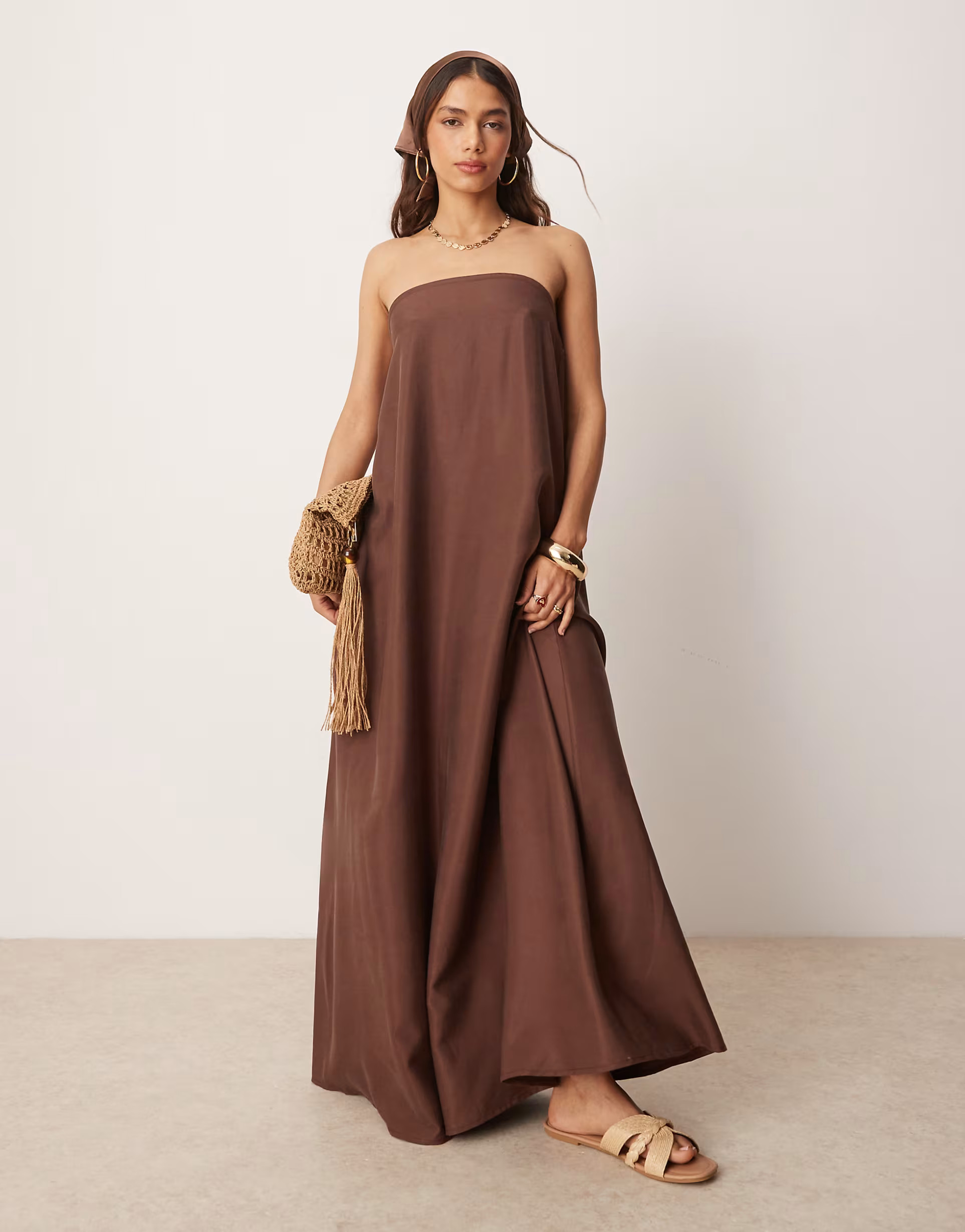 ASOS DESIGN cupro bandeau maxi dress in chocolate | ASOS | ASOS (Global)