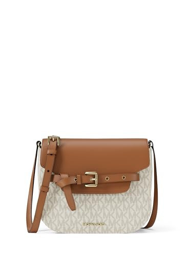 Michael Kors Emilia Small Saddle Crossbody Bag, Gold-Tone Hardware/MK Signature Coated Twill/Vanilla/Acorn | Amazon (US)