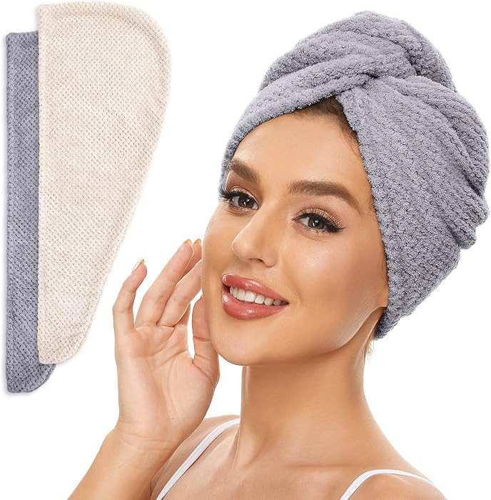2 Pack Microfiber Hair Towel Wrap for Women, Anti Frizz Quick Drying Hair Turban for All Hair Sty... | Amazon (US)