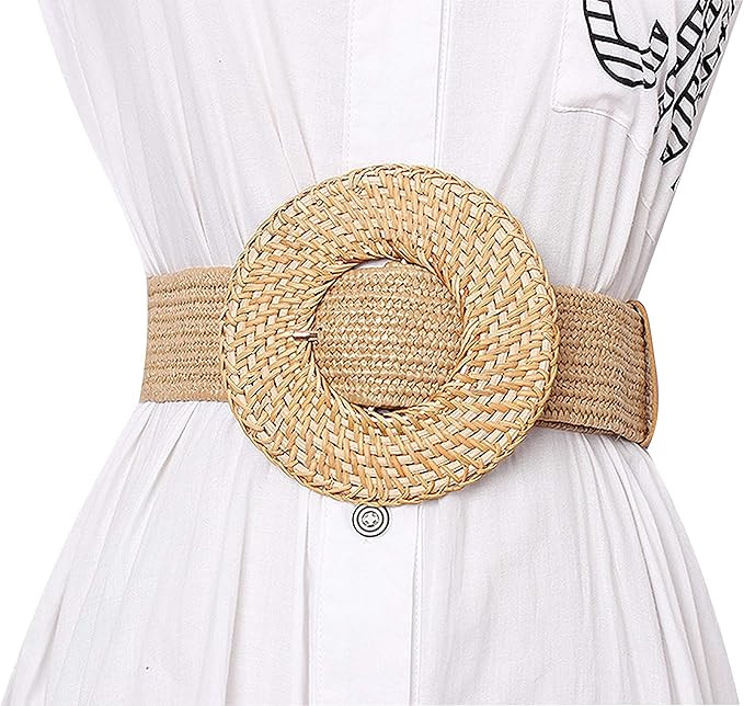 Women's Woven Straw Wide Belt Bohemia Beach Big Buckle Casual Elastic Waistband | Amazon (US)