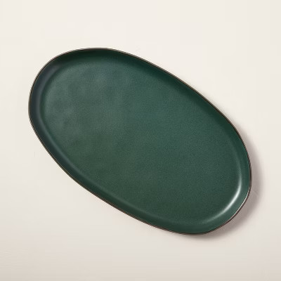 Stoneware Exposed Rim Oval Serving Platter Matte Dark Green - Hearth & Hand™ with Magno... | Target
