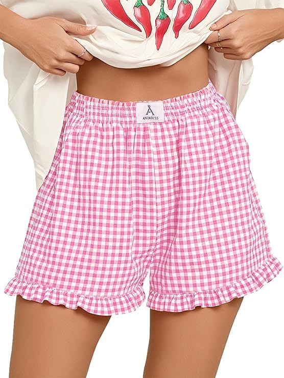 ANRABESS Womens Ruffle Boxer Shorts Pajama Gingham Shorts Summer Casual Lounge Sleep Plaid Beach ... | Amazon (US)