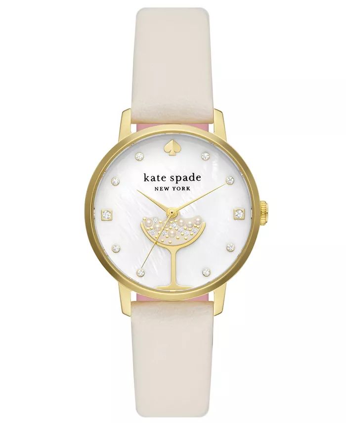 Kate Spade Women's Metro Three-Hand Champagne White Leather Strap Watch 34mm | Macy's