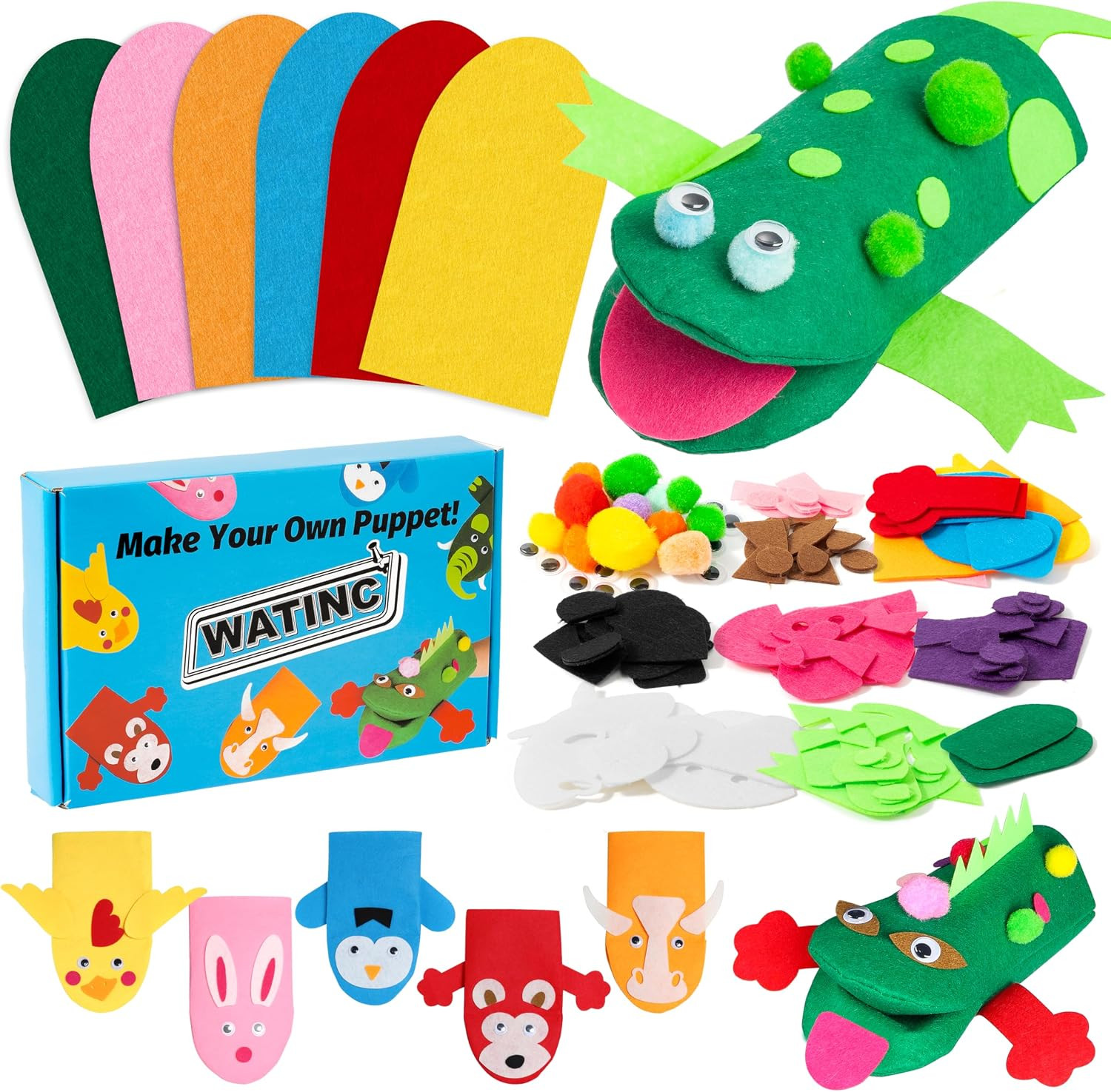 WATINC 6Pcs Hand Puppet Making Kit for Kids Art Craft Felt Sock Puppet Toys Creative DIY Make Your Own Puppets Pompoms Wiggle Googly Eyes Storytelling Role Play Party Supplies Gift for Girls Boys | Amazon (US)