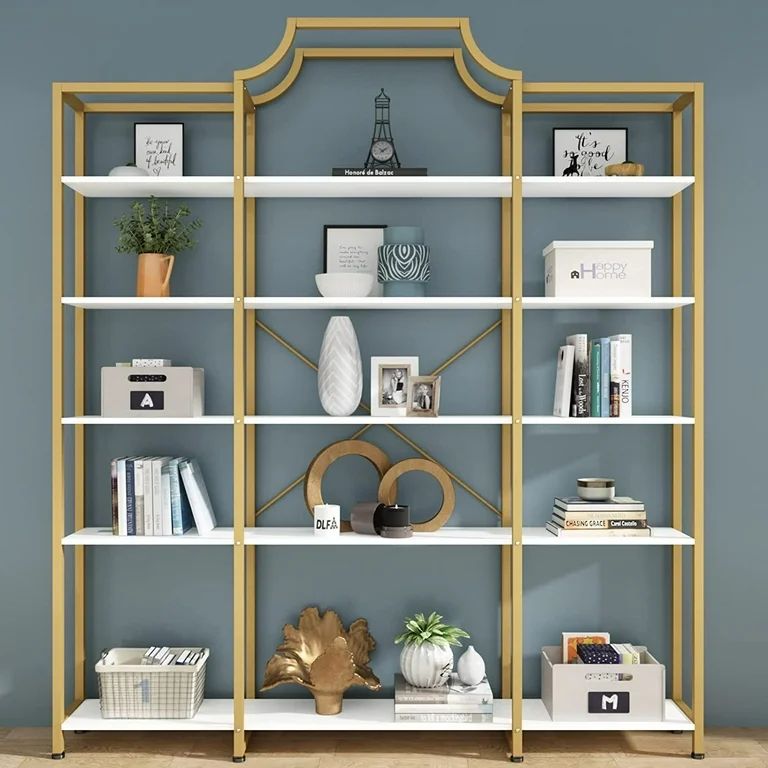Auromie Triple Wide 5-Tier Bookshelf, 70.87"L x 79.13"H Extra Gold Bookcase, Tall Display Shelf w... | Walmart (US)