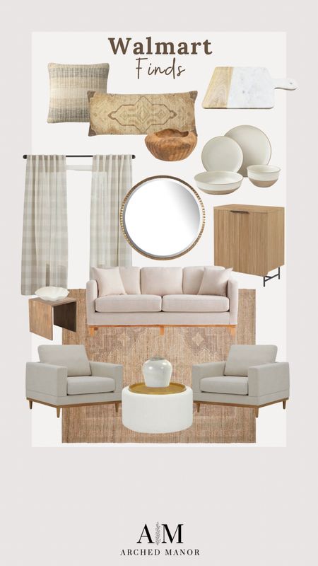 Loving all the neutrals in these Walmart furniture and home decor finds. Upholstered sofa and chair, stowaway coffee table with storage, curtains, throw pillows, cream dinnerware

#LTKFind #LTKstyletip #LTKhome