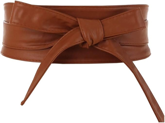 Women's PU Leather Self Tie Wrap Around Obi Waist Band Cinch Boho Belt | Amazon (US)
