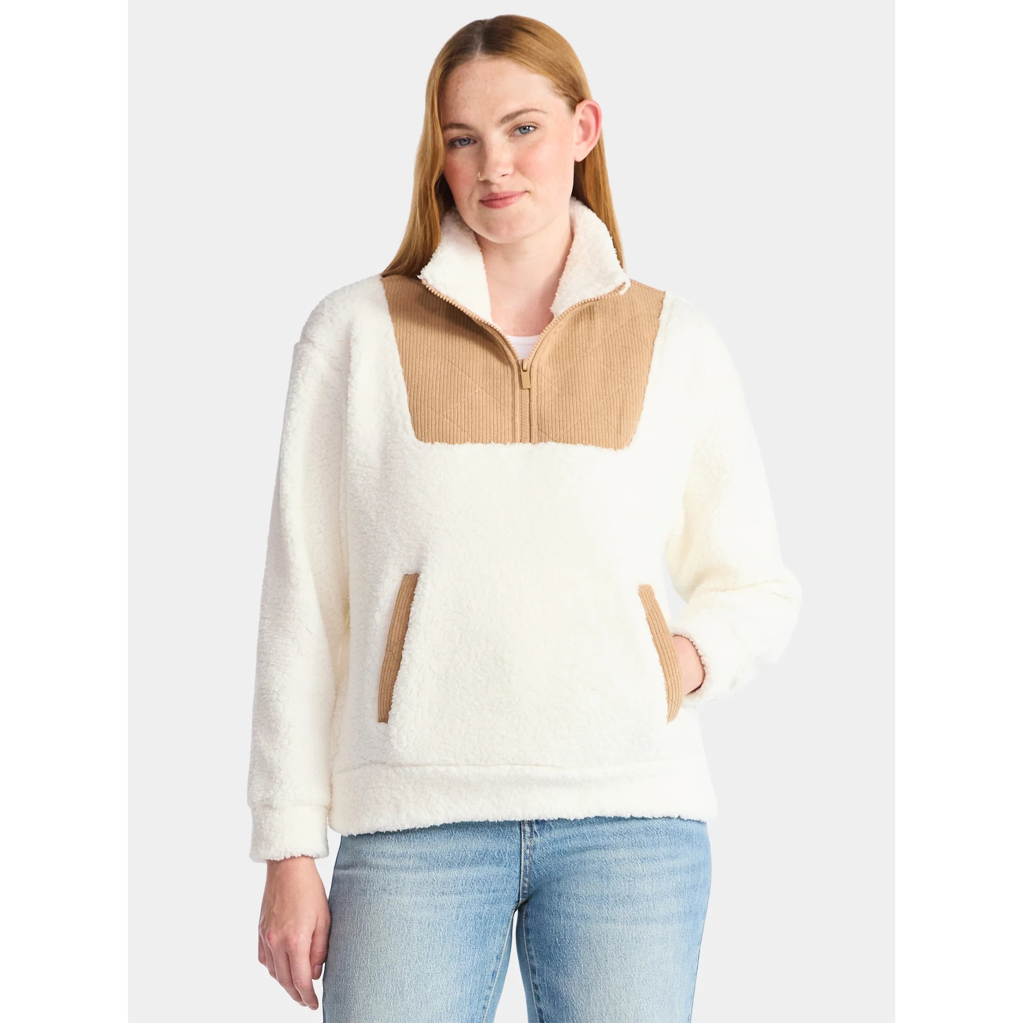 Time and Tru Women's Plush Fleece Quarter Zip Jacket with Corduroy Trim, Lightweight, Sizes XS-XX... | Walmart (US)