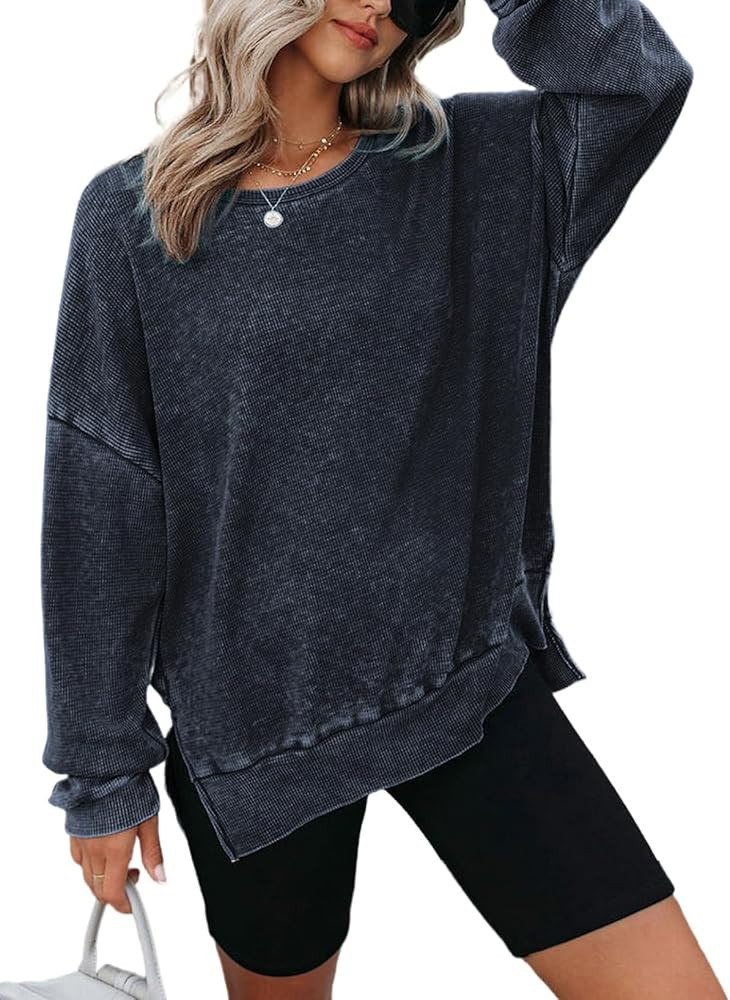 Dokotoo Womens Oversized Waffle Knit Crewneck Sweatshirts Long Sleeve Side Slits Casual Pullover ... | Amazon (US)