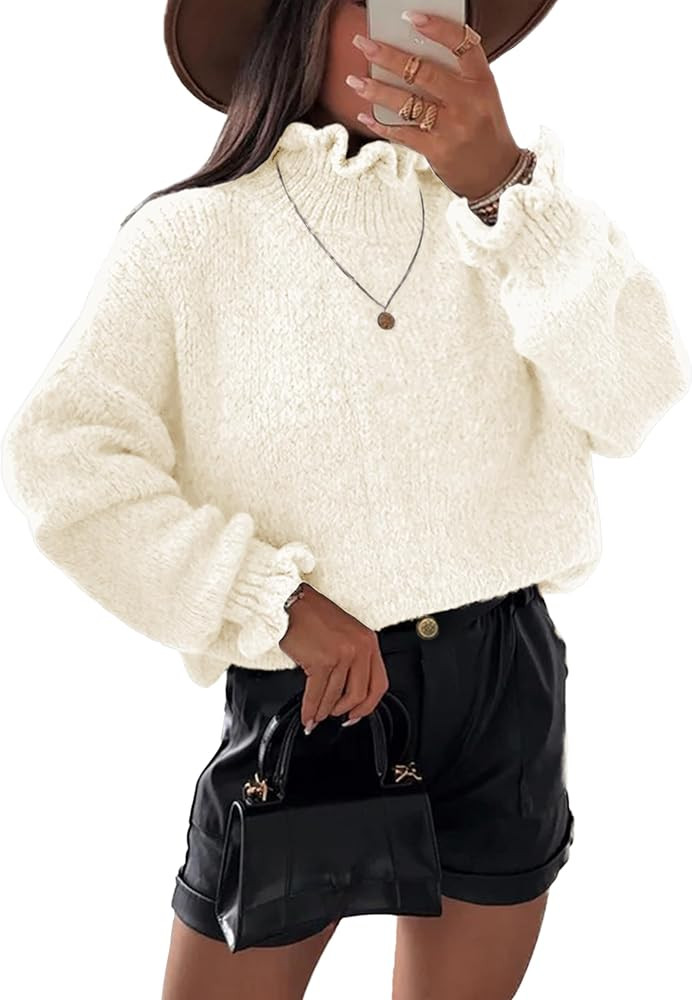 Simplee Womens Oversized Long Sleeve Fall Sweaters Ruffle Turtleneck Chunky Knit Sweater Casual W... | Amazon (US)