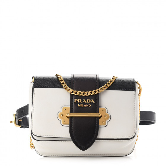PRADA Saffiano City Calf Cahier Belt Bag White Black | Fashionphile