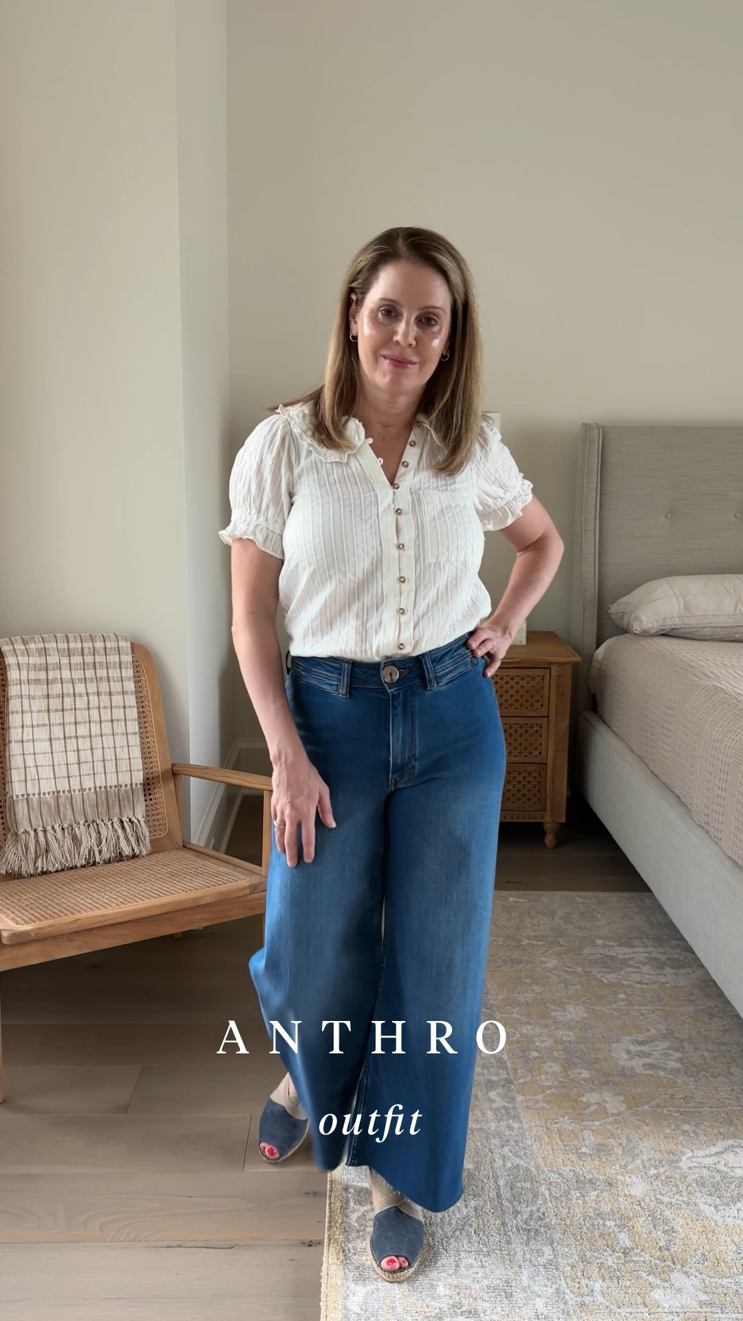 High waisted wide leg jeans and ruffle blouse from Anthro.  The jeans fit me so well and the wide legs aren't overwhelming.

The jeans fit true to size.  I'm 5'4" 115 lbs and wearing a size 27.  The blouse is very short.  I was only ale to tuck it in with a high waisted pant.  The blouse looks cute untutas well.    

Fall looks 
Wide leg jeans
High waisted jeans
Dark blue jeans
Comfortable jeans
Denim
Ruffle blouse
Feminine top
Off while blouse
#jeans
#LTKjeans


#LTKOver40 #LTKVideo #LTKStyleTip