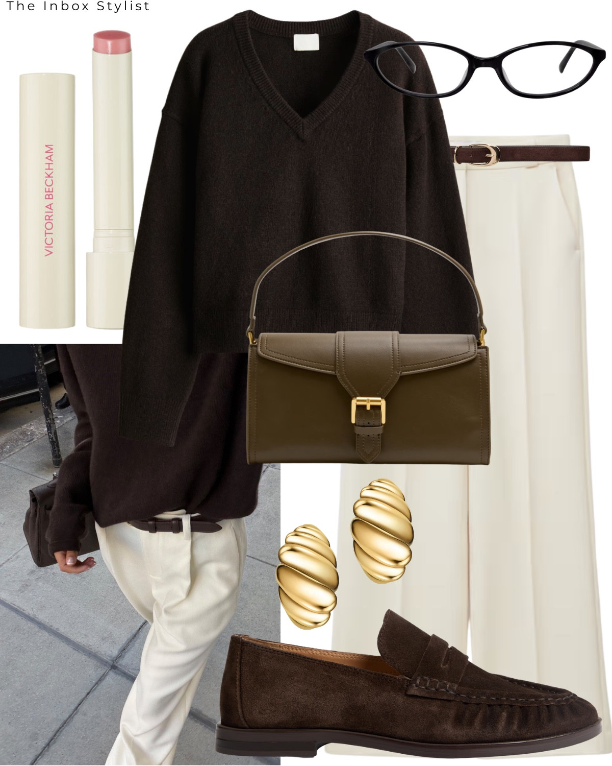 The perfect relaxed, yet tailored outfit  

Including Brown v-neck knit jumper, white tailored trousers, brown belt, suede loafers, gold stud earrings, oval glasses, lip balm, top handle handbag. 

#LTKwinter #LTKuk #LTKstyletip