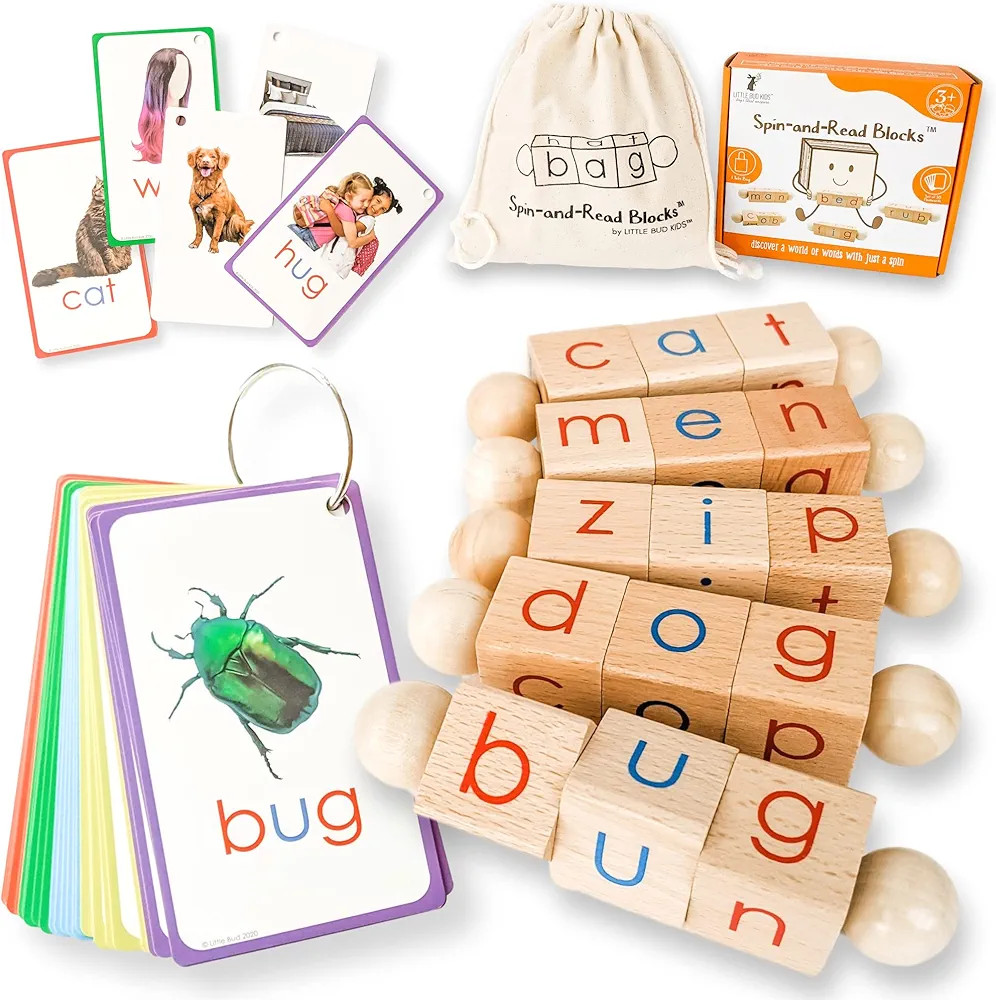 LITTLE BUD KIDS Spin-and-Read Montessori Phonetic Reading Blocks with CVC Phonics Flashcards for ... | Amazon (US)
