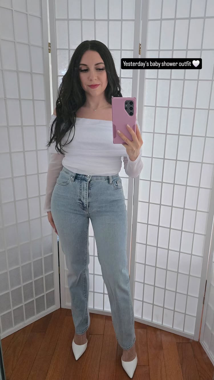 A recent baby shower outfit I wore 🤍 currently loving Frame denim! These jeans were so comfy and held their shape well 

#LTKSaleAlert #LTKPetite #LTKStyleTip