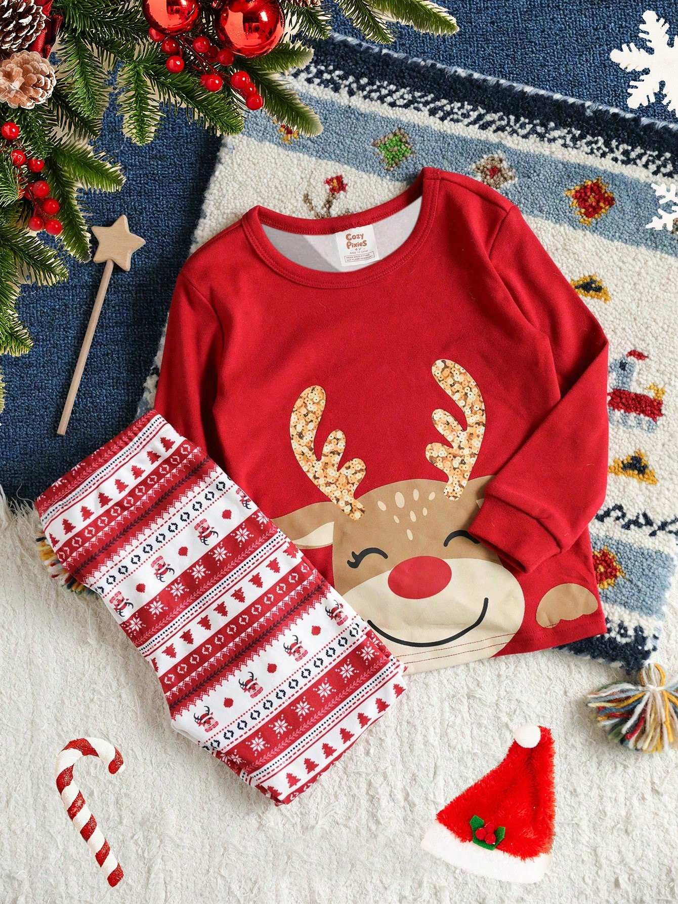 SHEIN Young Boy Pajamas Christmas Deer Pattern Knitted Soft Round Neck Long Sleeve Pullover Top A... | SHEIN