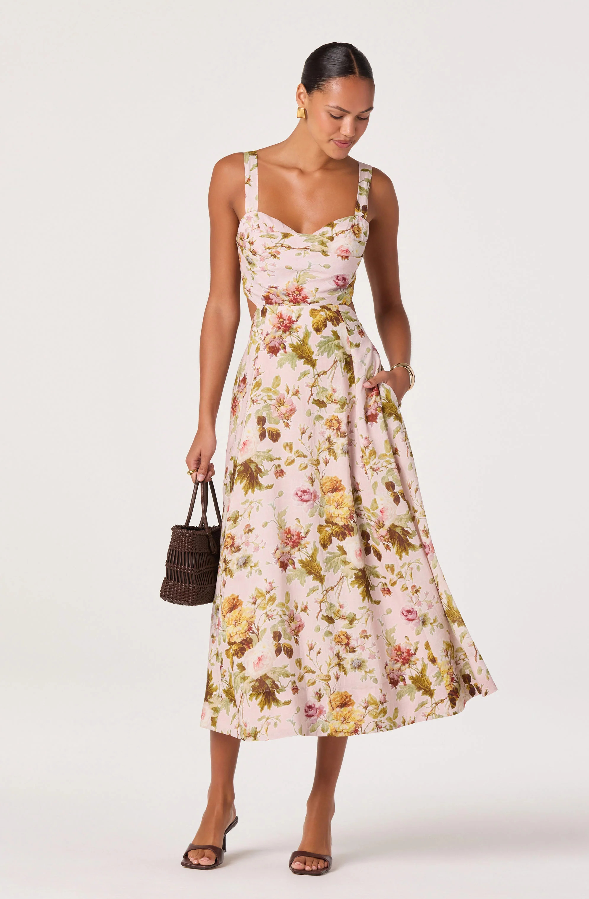 Ciana Linen Midi Dress - Pink green bloom / S | ASTR The Label (US)