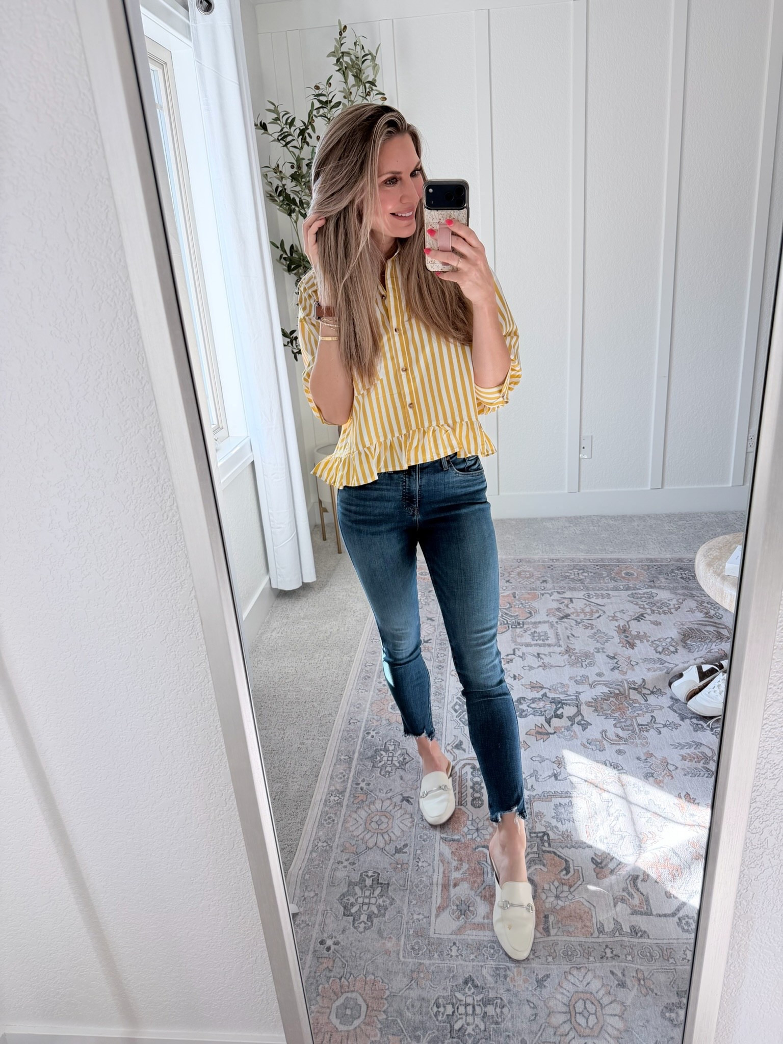 Easy, everyday outfit inspo with a polished feel 🤍 Wearing a yellow striped peplum top styled with dark wash skinny jeans and classic white loafers. This casual chic outfit is perfect for spring days, casual outings, errands, or lunch dates. A flattering peplum silhouette paired with timeless denim makes this an effortless look you can wear on repeat. Comfortable, feminine, and easy to style for everyday wear.