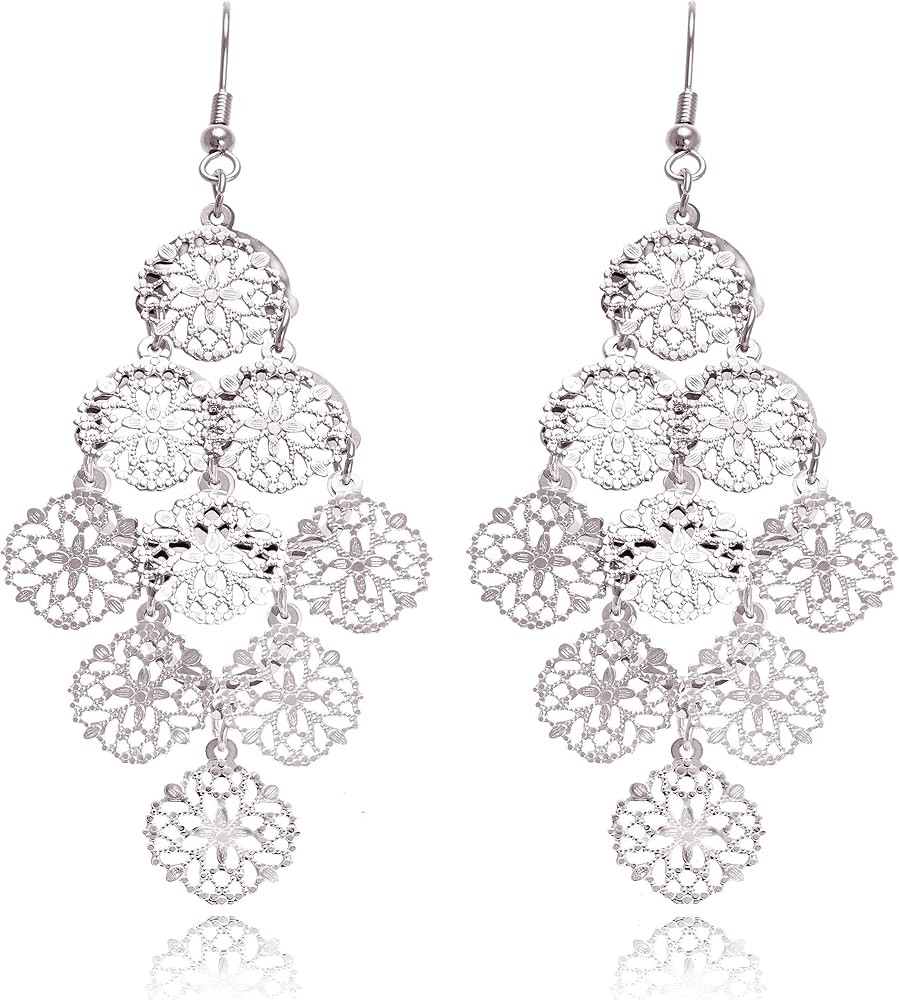 Boho Geometric Filigree Rhombus Shape Tiered Dangle Drop Statement Earrings | Amazon (US)