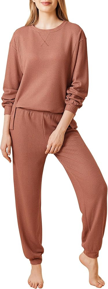 Ekouaer Waffle Knit Lounge Sets for Women Long Sleeve Pajamas Set with Pockets 2 Pieces Outfits T... | Amazon (US)